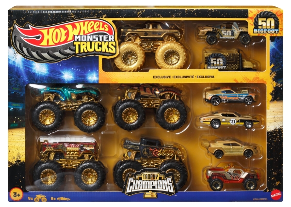 Hot Wheels Monster Trucks Trophy Champions Collection, 5 Spielzeugtrucks Und 6 Die-Cast-Autos Im Maßstab 1:64, Fahrzeug-Set, 3 Jahr(E), Kunststoff, M