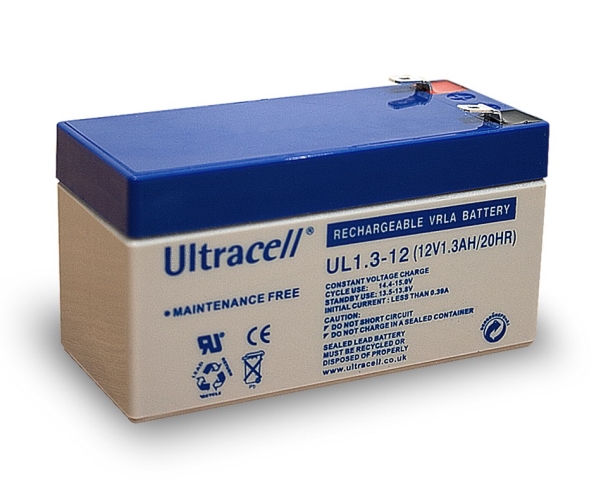 Ultracell Blybatteri 12 V, 1,3 Ah (UL1.3-12) Faston (4.8mm) Blybatteri, VdS