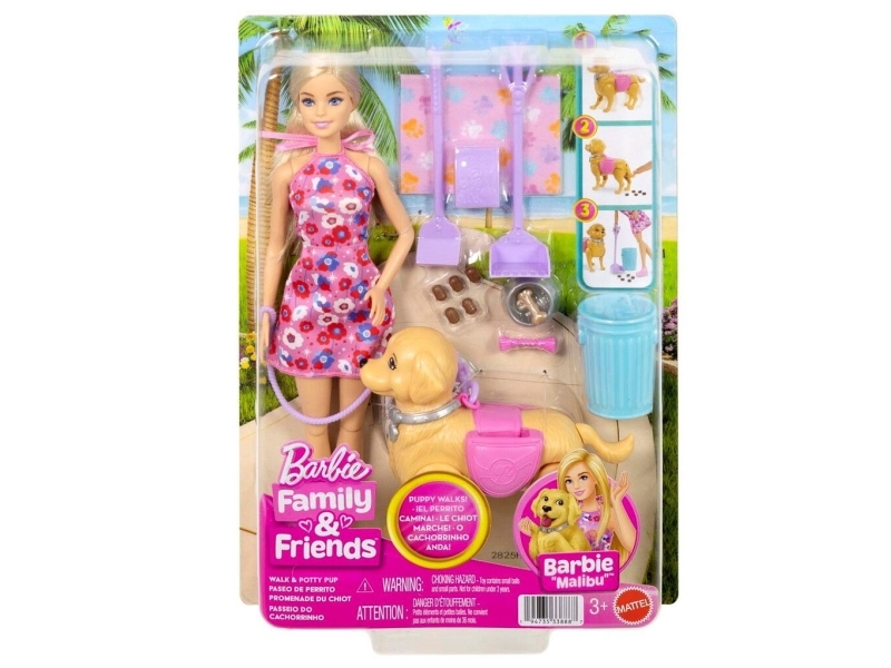 Barbie Jjb46 - Walk & Potty Pup Malibu Dukke - Family & Friends