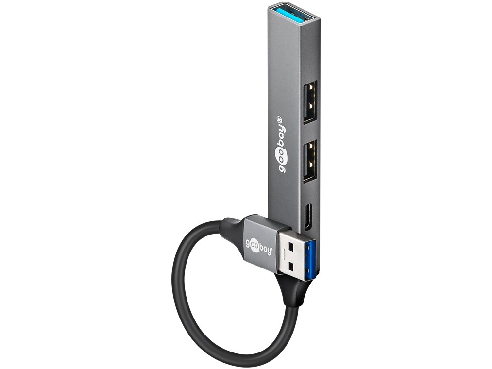 Goobay 74458, Usb 3.2 Gen 1 (3.1 Gen 1) Type-A, Usb 2.0 Type-A, Usb 3.2 Gen 1 (3.1 Gen 1) Type-A, Usb Typ-C, 5000 Mbit/S, Hellgrau, Aluminium, 0,1 M