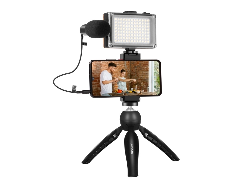 Puluz live-tallennuksen jalusta + LED-valo + mikrofoni + puhelinklipsi PKT3132B