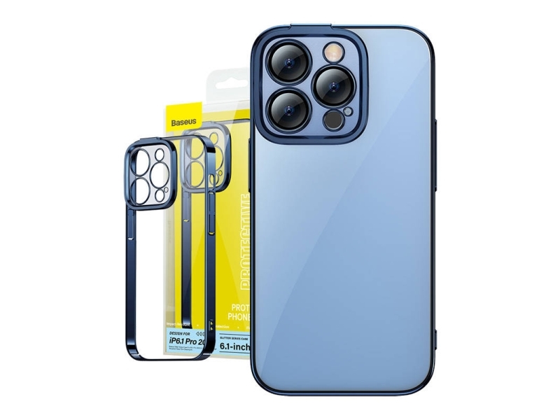 Baseus Glitter Protective Transparent Case And Tempered Glass Set For Iphone 14 Pro (Blue)
