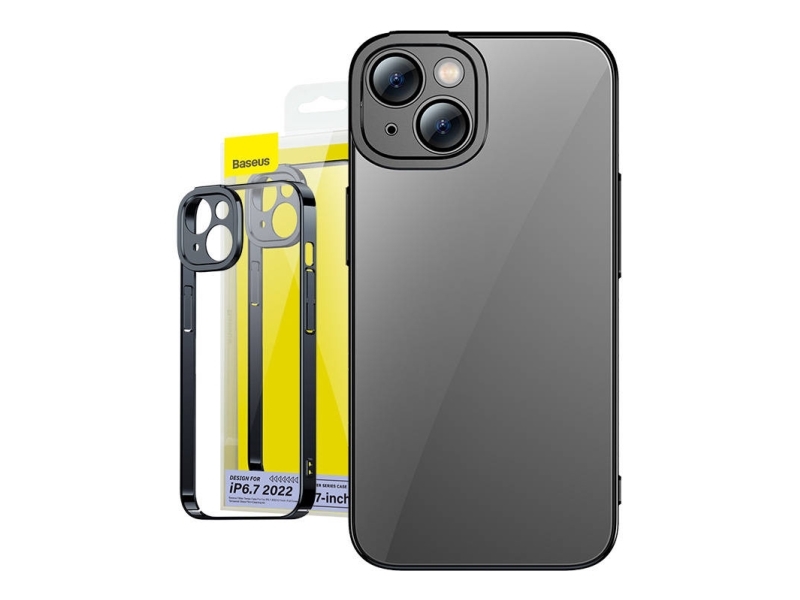 Protective Set Baseus Glitter Transparent Case And Tempered Glass For Iphone 14 Plus (Black)