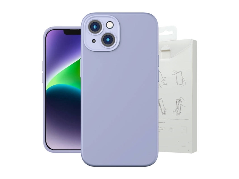 Baseus Liquid Silica Gel Case For Iphone 14 Plus (Lavender)+ Tempered Glass + Cleaning Kit