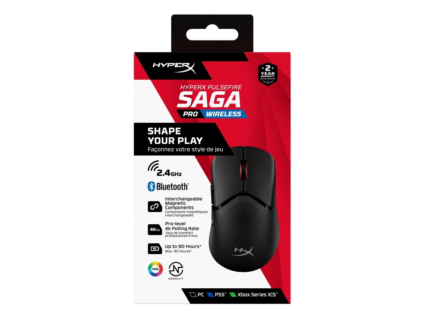 Hyperx Pulsefire Saga Pro Wireless Gaming Mouse (Sort), Ambidextrous, Optisk, Rf Wireless + Bluetooth + Usb Type-C, 3200 Dpi, Sort