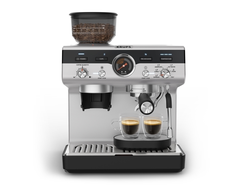 Krups Precision Xp801t Siebträgermaschine Xp801t, Espressomaschine, 3 L, Gemahlener Kaffee, Eingebautes Mahlwerk, Schwarz, Edelstahl