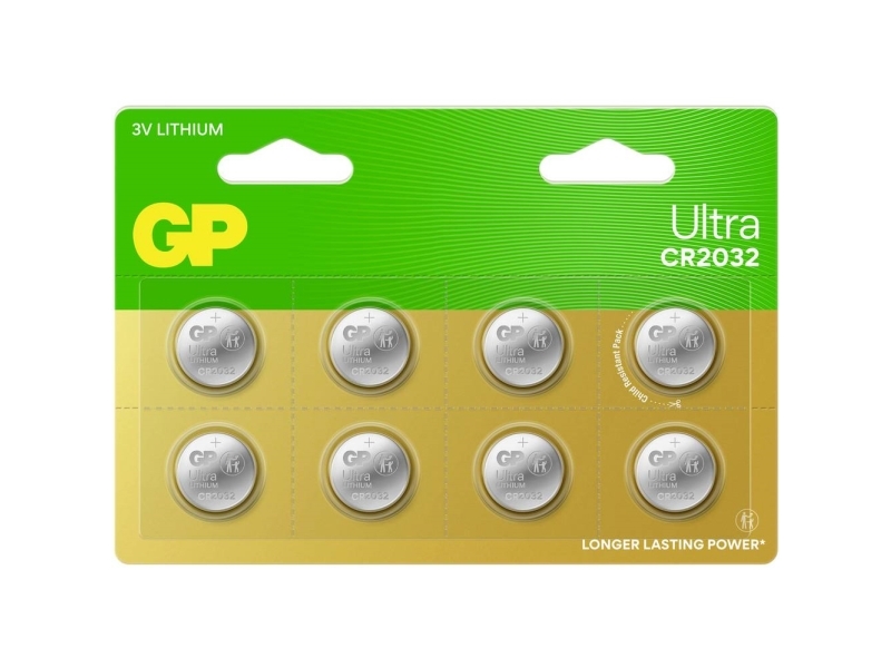 Gp Ultra Lithium Cell Battery Cr2032, 3V, 8-Pack