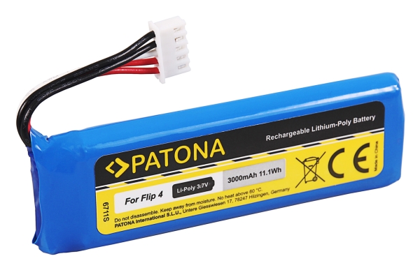 PATONA 6711, Genopladeligt batteri, Blå, JBL, Flip 4, Lithium-Ion (Li-Ion), 3000 mAh