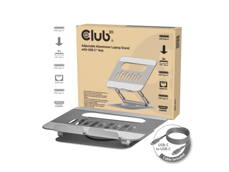 Club3d Adjustable Aluminium Laptop Stand With Usb-C Hub, Grey, 260 Mm, 224 Mm, 56 Mm, 1.76 Kg, 315 Mm