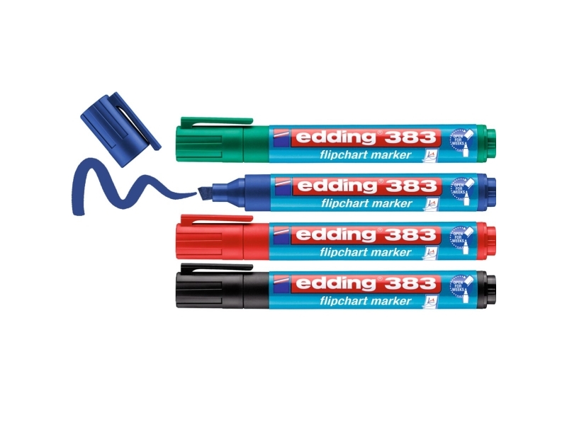 Edding 383 Flipchart, 4 stk, Sort, Blå, Grøn, Rød, Mejselspids, Plast, Rund, 1 mm