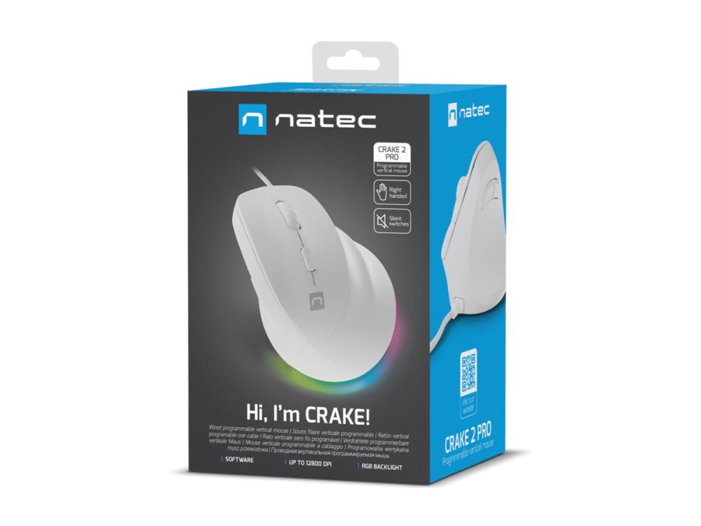 Natec Crake 2 Pro - Lodret Mus - Ergonomisk - Optisk - 6 Knapper - Kablet - Usb - Hvid
