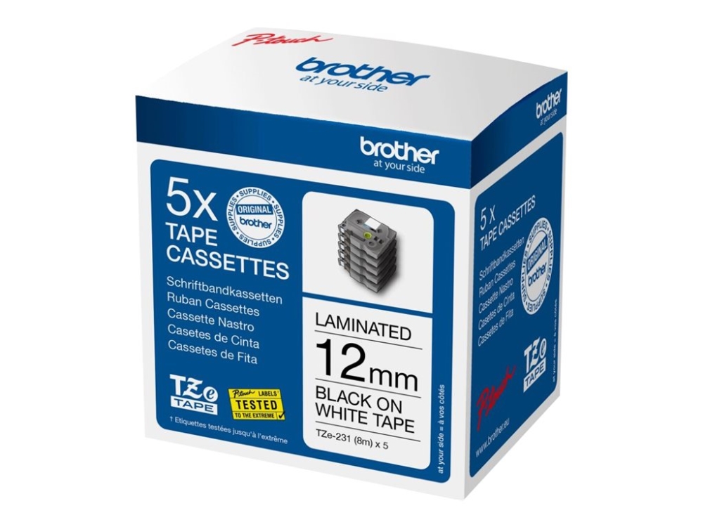 Brother TZe-231 - Klæbemiddel - sort på hvid - Rulle (1,2 cm x 8 m) 1 kassette(r) lamineret bånd (pakke med 5) - for P-Touch PT-1010, 1090, 1230, 1280, 1290, 1880, 1950, 2100, 2430, 2700, 3600, 7100, 9500