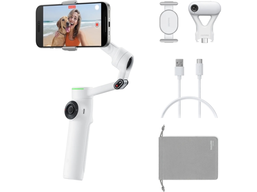 Insta360 Flow 2 Pro Ai Tracker Bundle (Summit White), Smartphone Kamera Stabilisator, Grå, 360°, -100 - 82°, -150 - 180°, 0,3 Kg