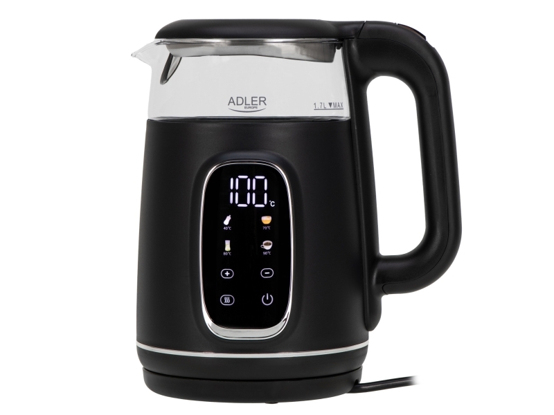 Adler AD 1305BS, 1,7 L, 2200 W, musta, Läpinäkyvä, Hopea, Lasi, Muovi, Säädettävä termostaatti, Veden tason ilmaisin