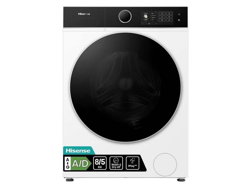 Hisense WD5I8043BWF, Edestä täytettävä, Vapaasti seisova, Valkoinen, Vasen, musta, musta