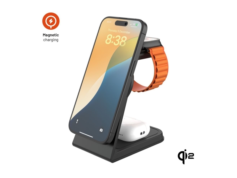 Fixed 3-In-1 Mag Alu Qi2 Wireless Magsafe Charging Station, Black