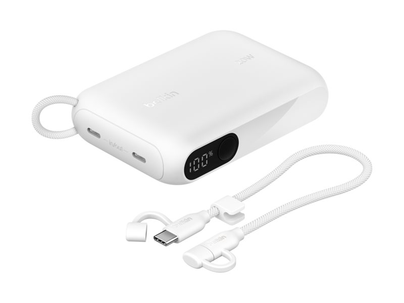 Belkin Boostcharge - Powerbank - Med Display - 10000 Mah - 20 Watt - Pd, Fast Charge - 2 Output-Stikforbindelser (Usb-C) - På Kabel: Usb-C - Hvid