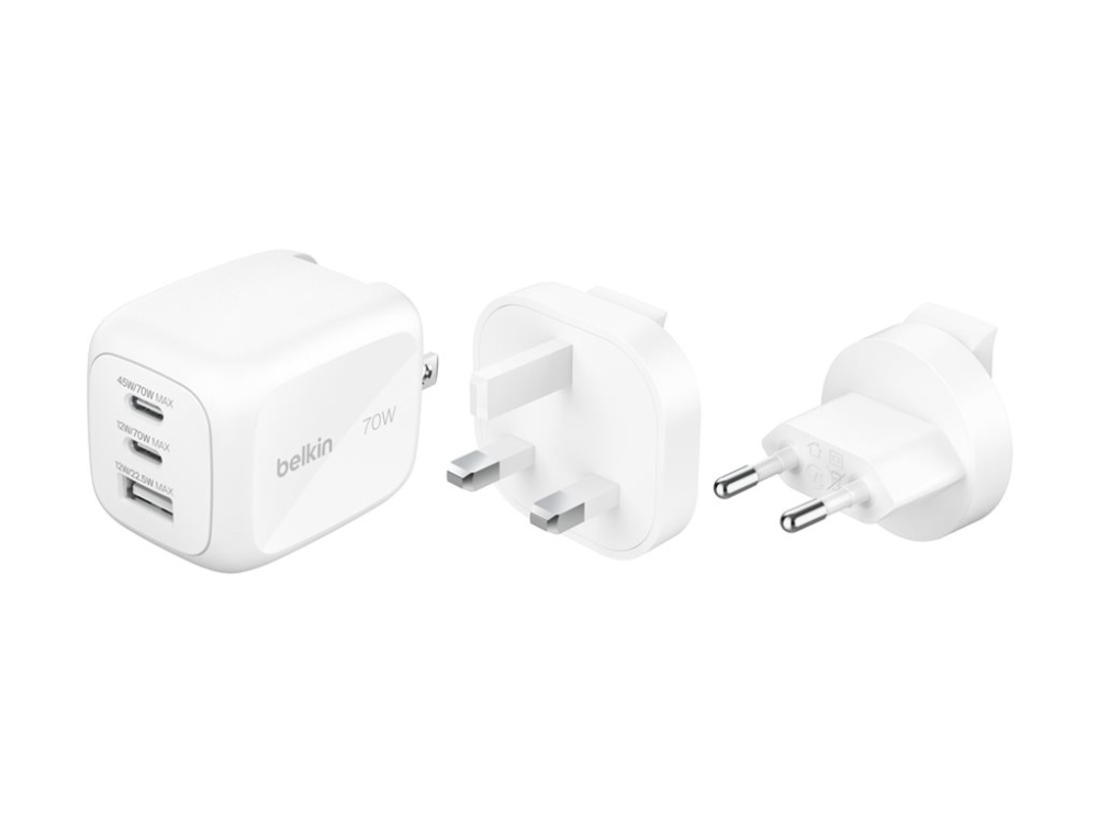 Belkin BoostCharge Pro - Strömadapter - GaN - 70 Watt - PD 3.1/PPS - 3 utdatakontakter (2 x USB-C, USB) - vit - med reseadapterkit | Tele & GPS - Batteri & Laddare - Laddare | GameStuff