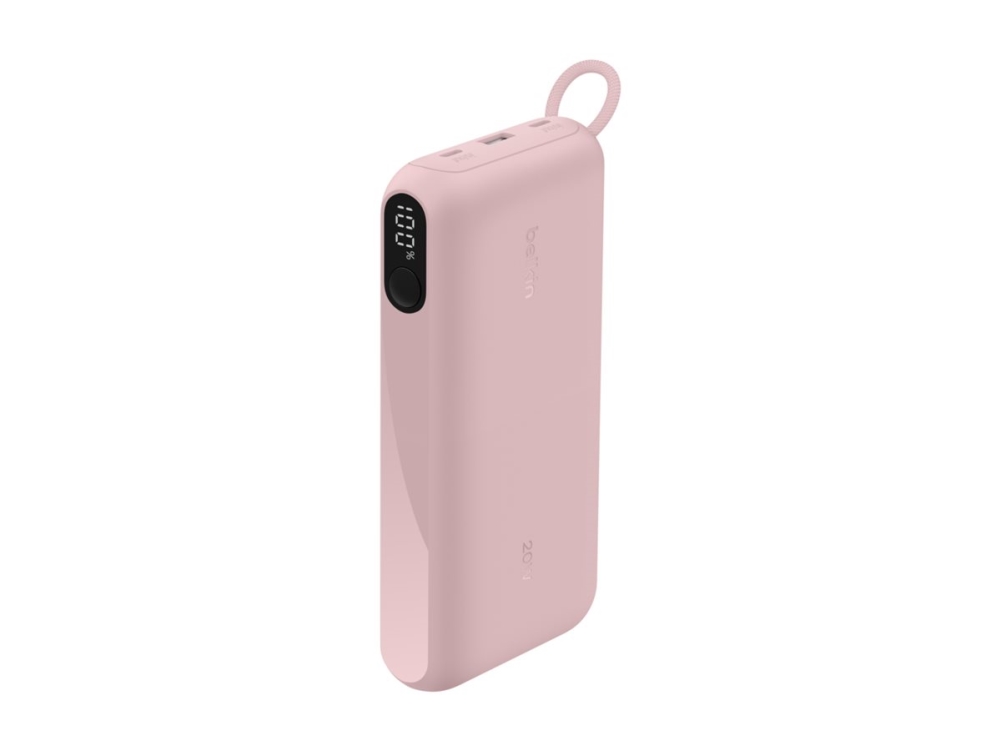 Belkin BoostCharge - Power bank - med display - 20000 mAh - 20 Watt - PD - 3 utdatakontakter (2 x USB-C, USB) - på kabel: USB-C - rosa | Tele & GPS - Batteri & Laddare - Strömförsörjningsbanker | GameStuff