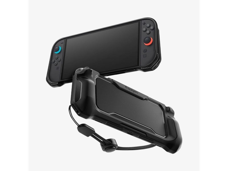 Spigen Rugged Armor, Suojus, Nintendo, musta, Termoplastinen polyuretaani (TPU), Nintendo Switch, Pudotuksenkestävä, Naarmuuntumisenkestävä