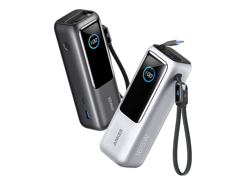 Anker - Powerbank - built-in retractable cable - 25000 mAh - 165 Watt - sølv, space-sort (pakke med 2)