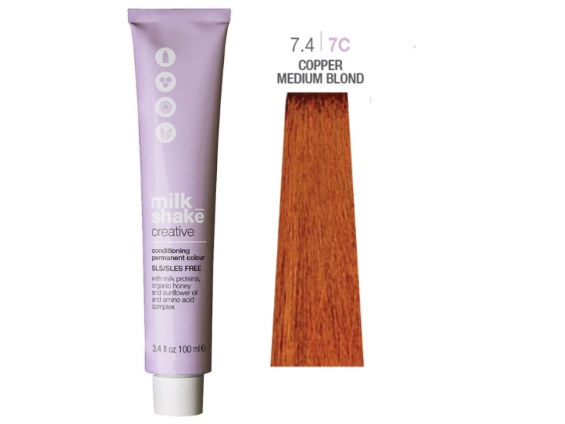 Milk Shake, Creative, Sls/Sles-Free, Permanent Hair Dye, 7.47C Copper Medium Blond, 100 Ml