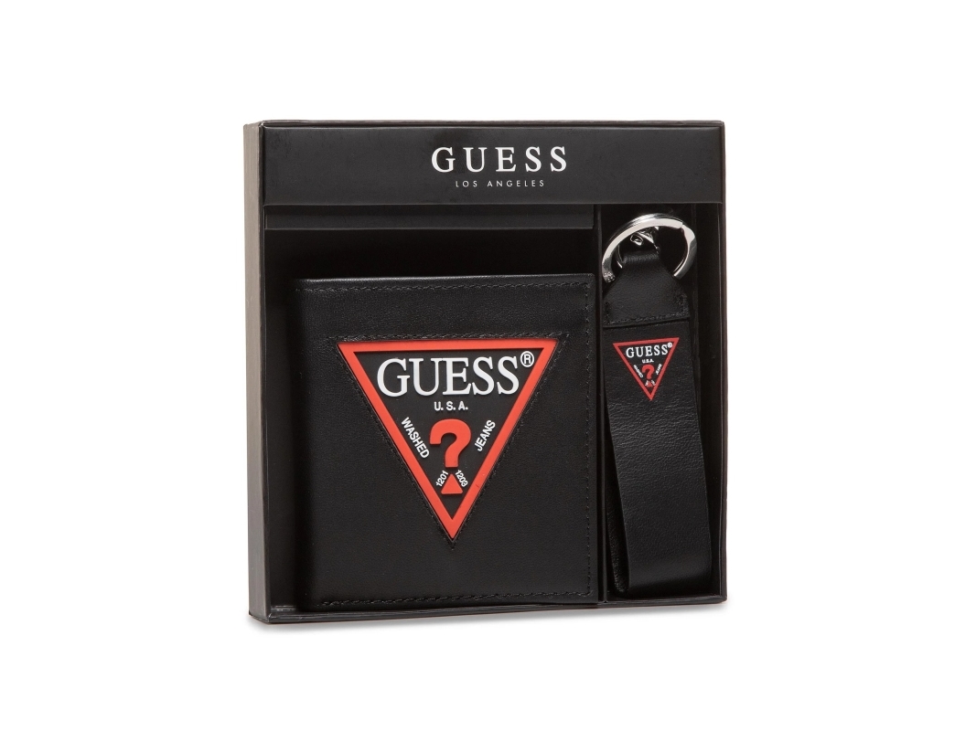 Guess-set: Lädernøgbering, svart + Daelon, läderplånbok small billfold, röd/svart | Utomhus - Väskor och kläder - Kungliga republiken | GameStuff