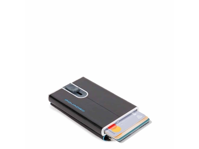 Piquadro, Blue Square, Leather Card Holder, Square Sliding System With Zipped Coin Pocket, Pp5359b2r-N, Black, For Men