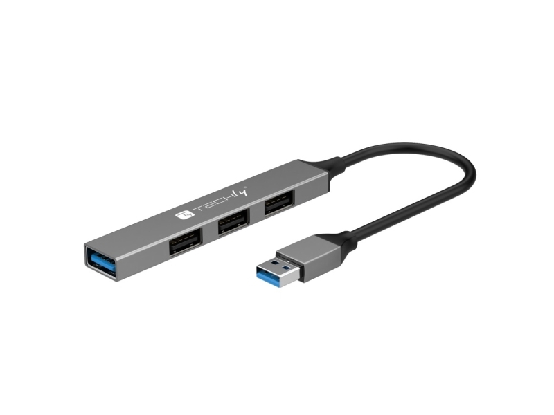 Techly Iusb32-Hub4a-3U2sls, Kabelgebunden, Usb 3.2 Gen 1 (3.1 Gen 1) Typ-A, Grau, 5 Gbit/S, Metall, Usb