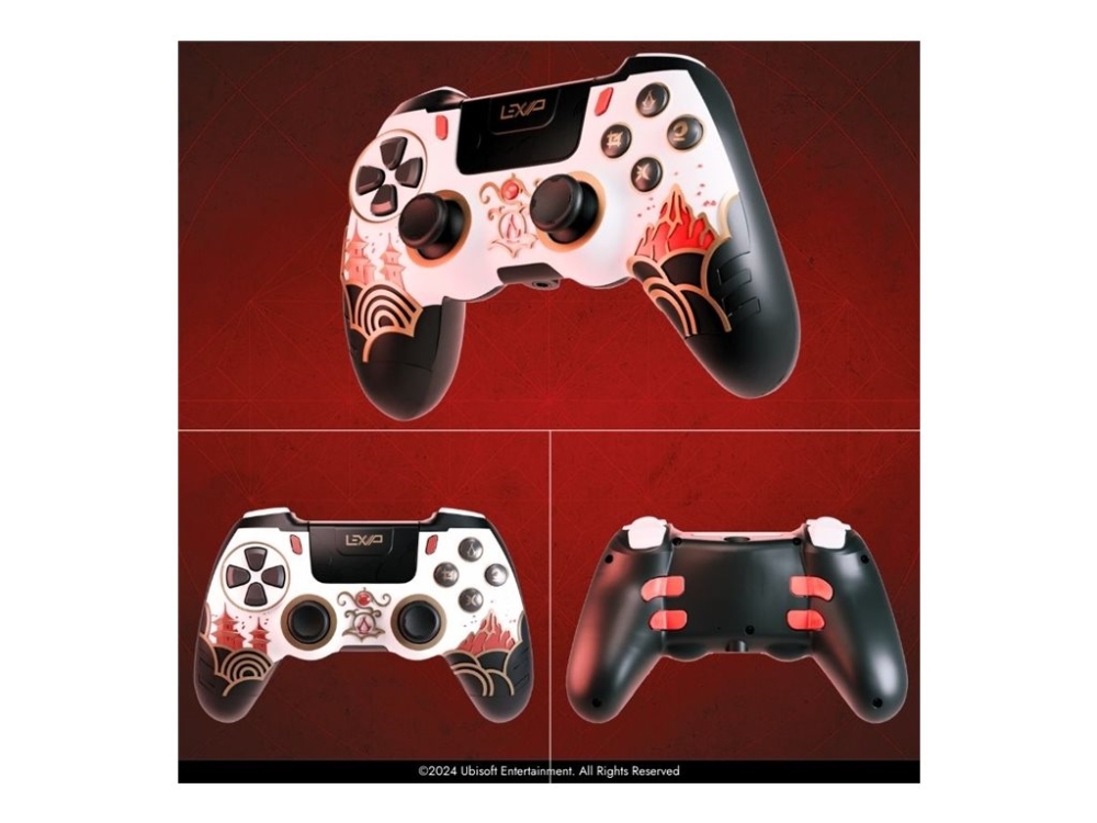 Lexip - Assassin Bundle - headset - fuld størrelse - Bluetooth/2,4 GHz radiofrekvens - kablet, trådløs - 3,5 mm jackstik - hvid, sort, guld, rød - med Ubisoft controller and Assassin's Creed Shadows