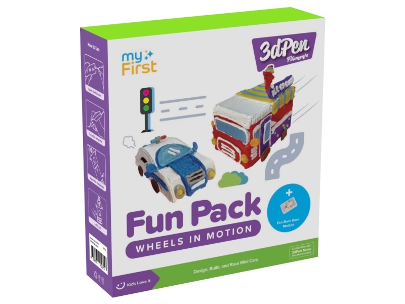 myFirst 3dPen Make Filaments Fun Pack - luova 3dPen-kynälle, sisältää 5 mallia, 17 PCL-sylinteriä (34 m), takaisinvedettävä automoduuli, termoplastinen levy (pyörät liikkeessä)