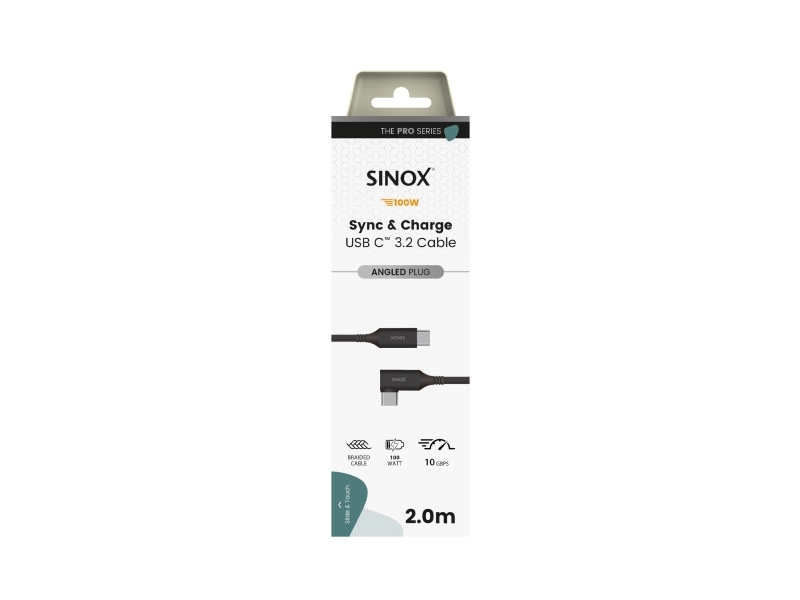 Sinox PRO USB C 3.2 Gen 2 vinklet kabel. 2m. Sort