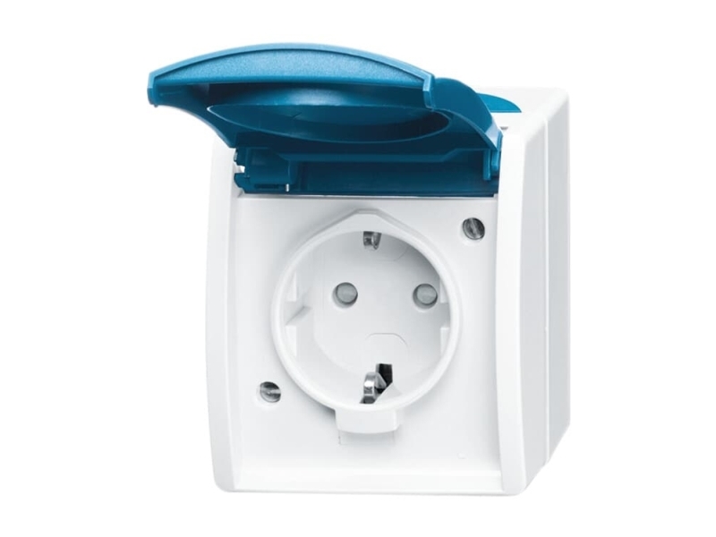 ABB Stikkontakt enkelt Ocean IP44, med klaplåg och underlag grå/blågrön, 16A 250V, Schuko/side-jord och pillesikring | Lauritz Knudsen - LK OPUS® 73 & 74 - Dosor | GameStuff