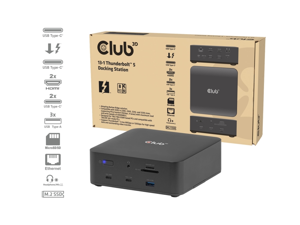 Club3d Csv-2562 13-1 Thunderbolt 5 Docking Station M.2 Ssd 2X Hdmi 8K60hz Thunderbolt Share Certified 180W, Wired, Thunderbolt 5, 140 W, 3.5 Mm, 1