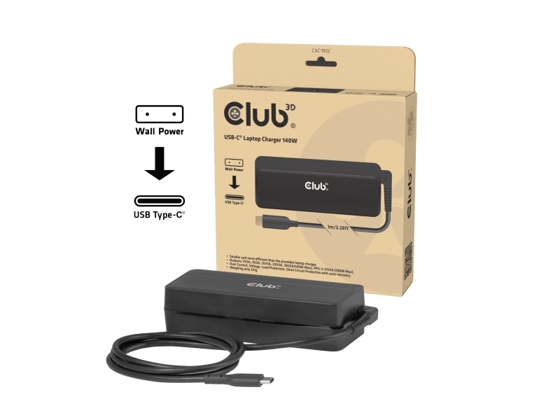 Club3d Usb-C Laptop Charger 140W, Ac, 1 M, Black