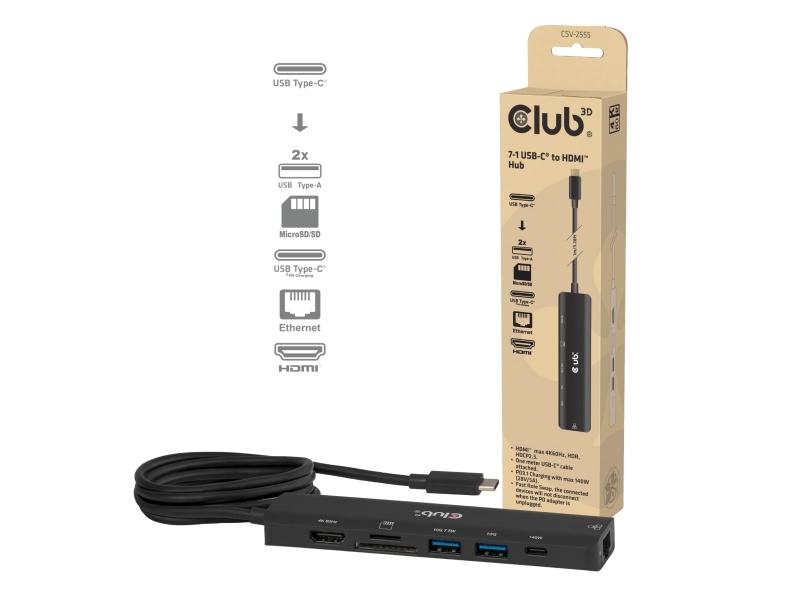 Club3d 7-1 Usb-C To Hdmi Hub, Wired, 1000 Mbit/S, Black, 136 Mm, 34 Mm, 94.5 Mm