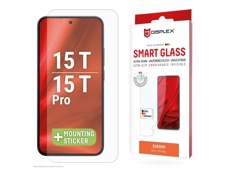 Displex Smart Glass (9H) For Xiaomi 15T/15T Pro, Mounting Sticker, Unbreakable, Xiaomi, 15T/15T Pro, Tør Påføring, Brudsikker, Smudsafvisende, Ridser