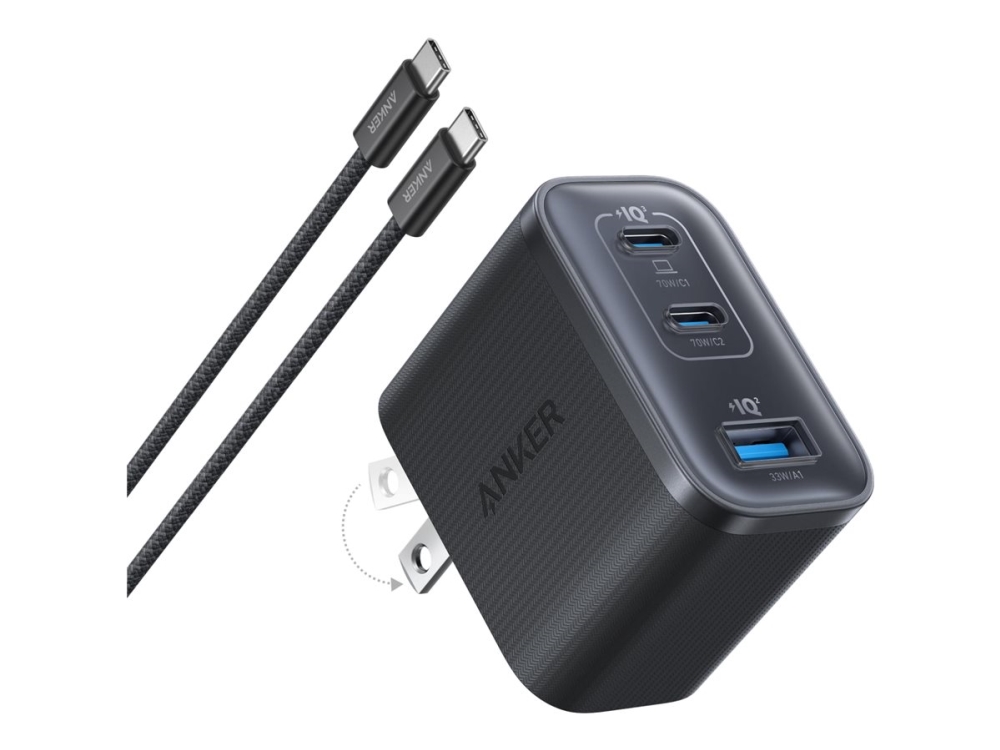 Anker Nano - Strømforsyningsadapter - 70 Wh - 3 A - 3 output-stikforbindelser (2 x USB-C, USB) - på kabel: USB-C - black stone