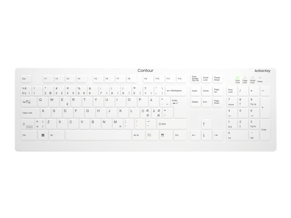 Contour Active Key Quickclean Ak-C8112 - Tastatur - Medicinsk, Hygiejnisk Design - Full Size - Vaskbar - Trådløs - 2.4 Ghz - Qwerty - Pan Nordic - Hv