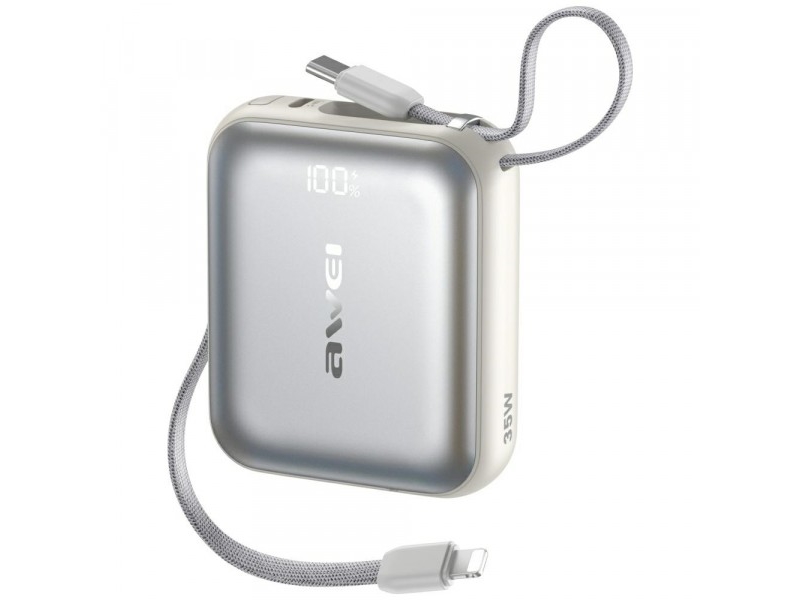 Išorinė Baterija Awei As-181 10000Mah 35W Usb-C + Lightning/Usb-C Laidas Sidabrinis