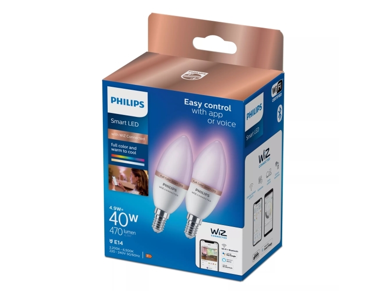 Philips Kynttilälamppu 4,9 W (vastaa 40 W) C37 E14 x2, Älylamppu, Wi-Fi/Bluetooth, Valkoinen, Wi-Fi 4 (802.11n), 802.11b, 802.11g, LED, E14