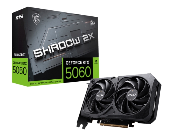 MSI GeForce RTX 5060 8G SHADOW 2X OC, GeForce RTX 5060, 8 GB, GDDR7, 128 bit, 7680 x 4320 pixlar, PCI Express x16 5.0 | Datorkomponenter - Grafikkort & Tilbehör - NVIDIA | GameStuff