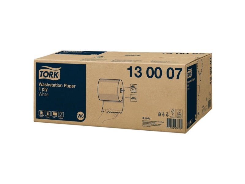 Aftørringspapir Tork Basic W6 1-Lag Hvid 130007 6Rul