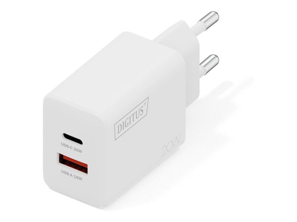 Digitus Usb Charger 20W, 1X Usb-C, 1X Usb-A, Drinnen, Ac, Weiß