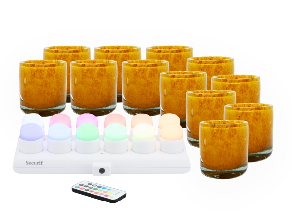 Securit Set 12 Stk. Ayla Glas-Teelichthalter Und Led-Teelichter, Orange/Farbiges Licht