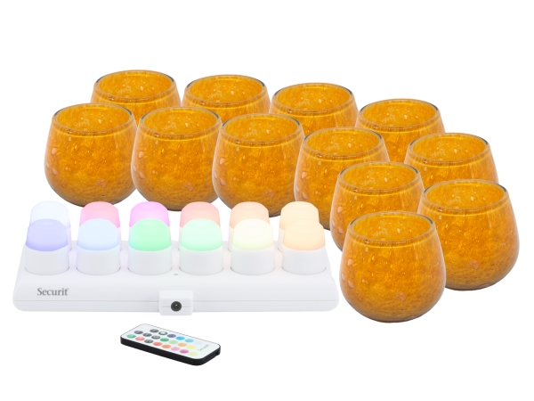 Securit Set 12 Stk. Luna Glas-Teelichthalter Und Led-Teelichter, Orange/Farb. Licht