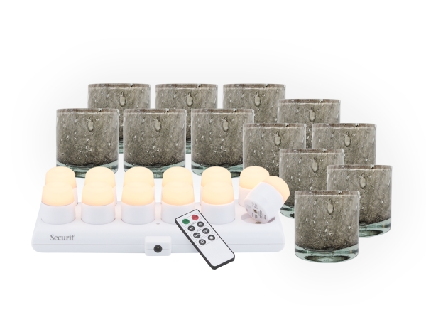 Securit Set 12 Stk. Mani Glas-Kerzenhalter & Led-Teelichter Grau/Weißes Licht