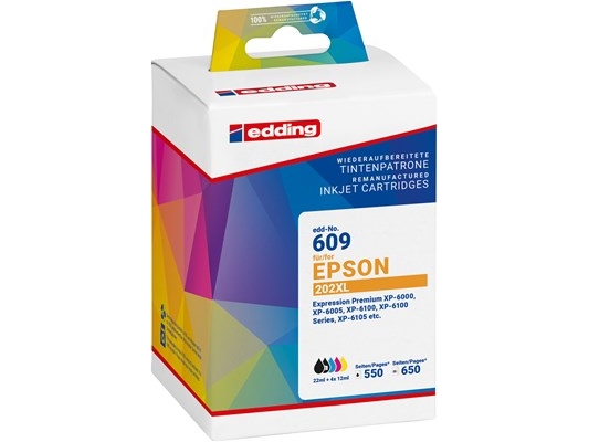 Edding Edd-609 Tintenpatronen Multipack, Text-Schwarz, Foto-Schwarz, Cyan, Magenta, Gelb Kompatibel Zu Epson 202Xl (T02g1/H1/H2/H3/H4) Multipack 5, S