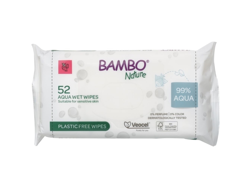 Vådserviet, Bambo Nature, Z-fold, 18x17cm, 99% vand, 52 stk. , uden farve og parfume - (12 stk.)