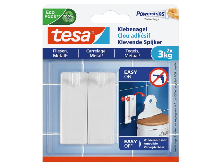 TESA 77763-00000, Indendørs, Universal krog, Hvid, Klæbestrimmel, 3 kg, Fliser og metal